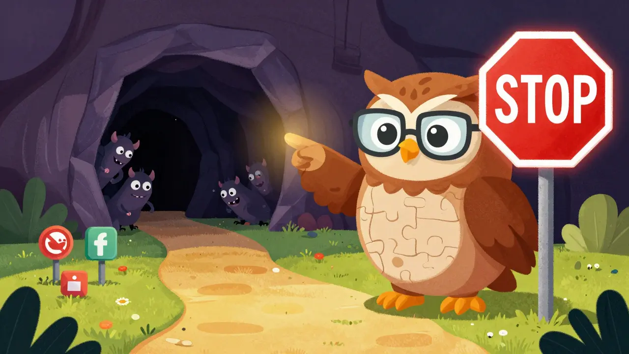Owl warning about unsafe crypto paths near a dark cave