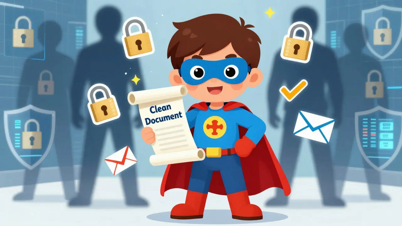 Superhero whistleblower protecting a clean document from shadowy spies with digital shields.