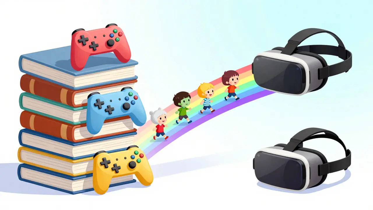 Textbooks transforming into VR headsets and game controllers on a rainbow bridge.