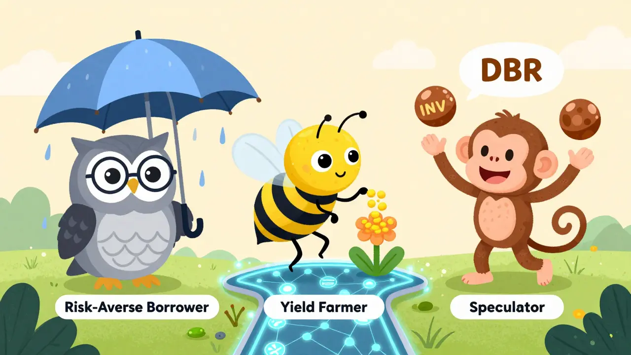 Three characters representing borrowers, farmers, and speculators