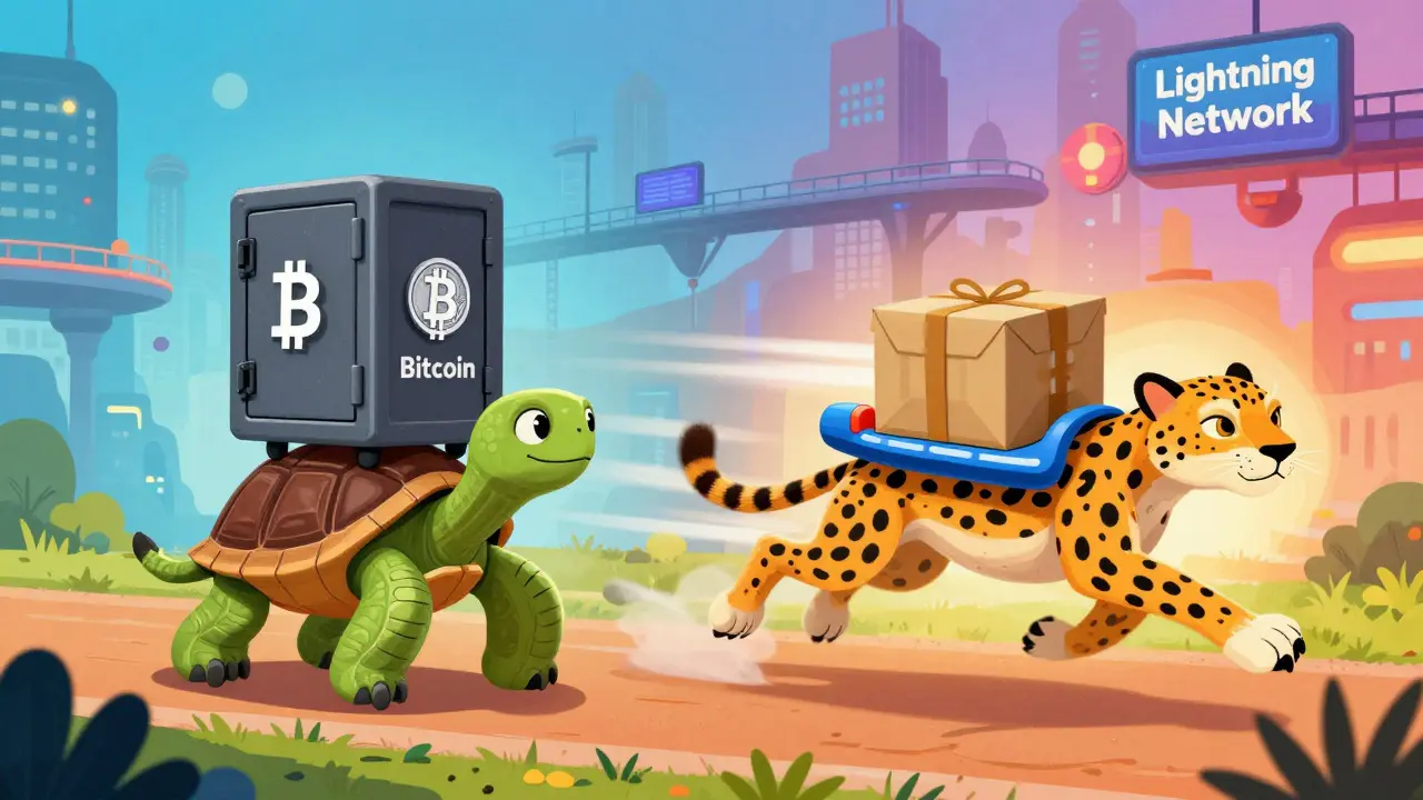 Turtle vs Cheetah illustrating slow secure Bitcoin vs fast Lightning Network payments