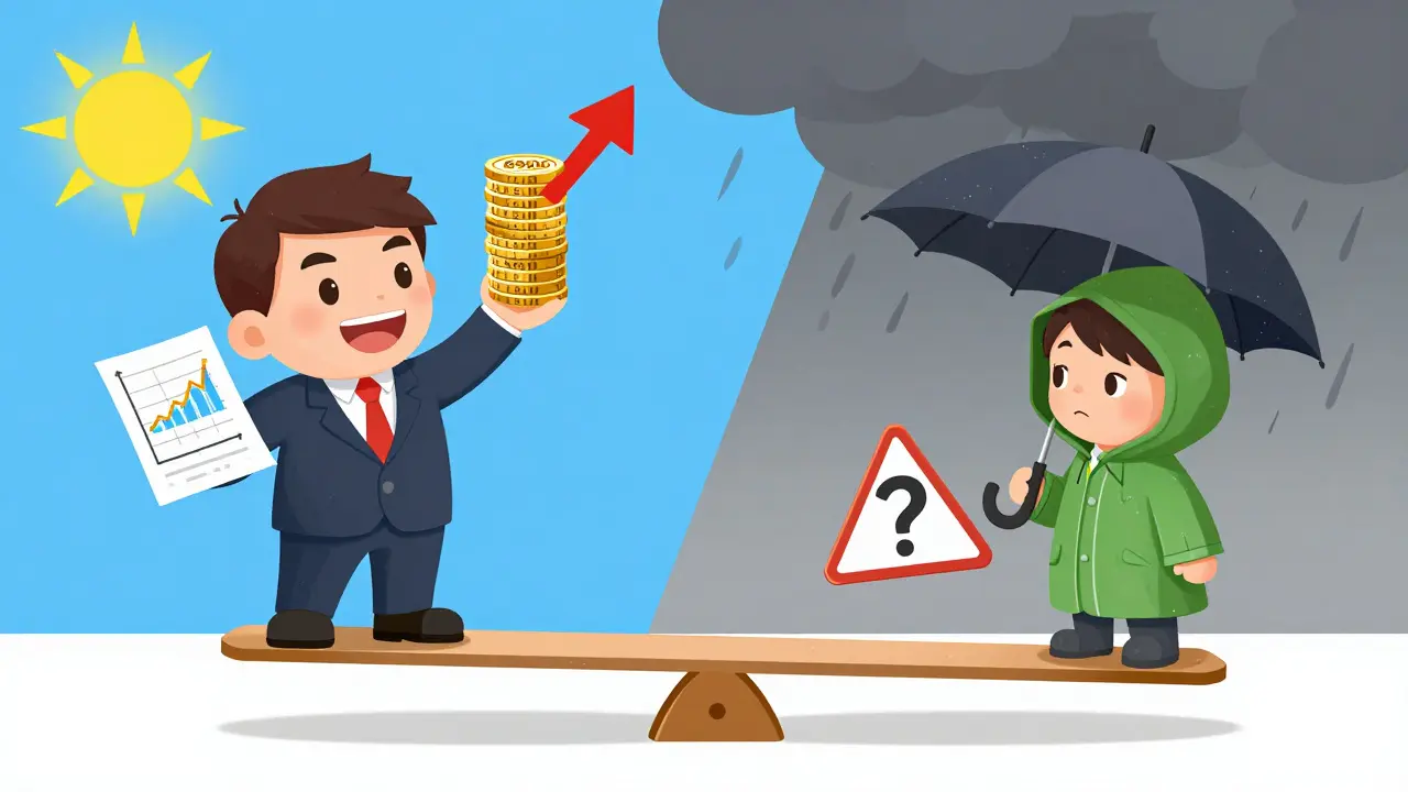 Two cartoon traders on a seesaw showing risk and reward in crypto markets