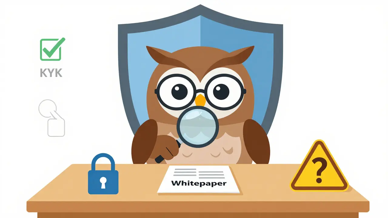 Wise owl reviewing security documents with shield and warning symbols.