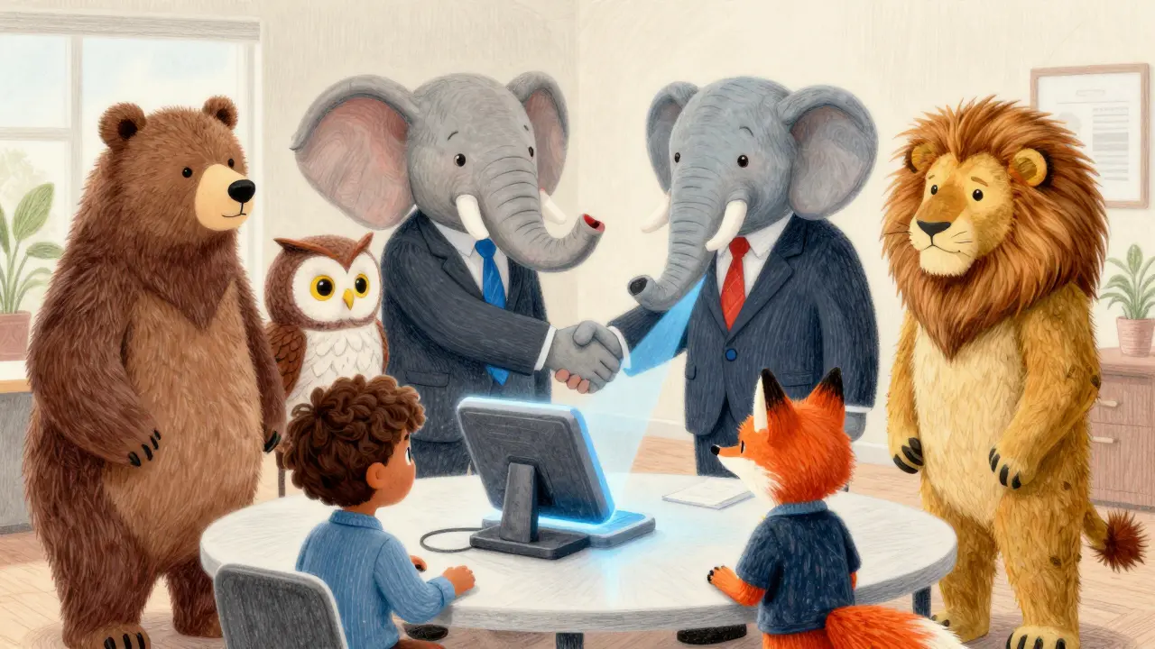 Animal professionals shaking hands with investors over secure tech