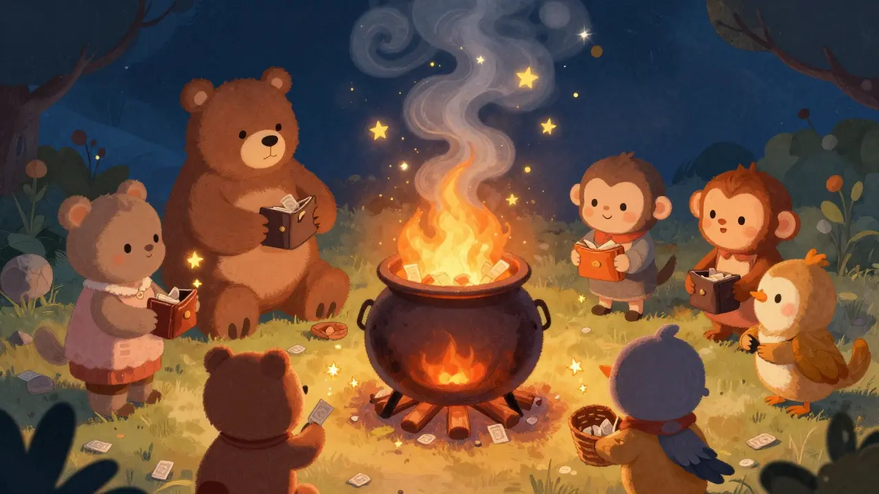 Animals collecting golden sparkles from a magical token-burning cauldron