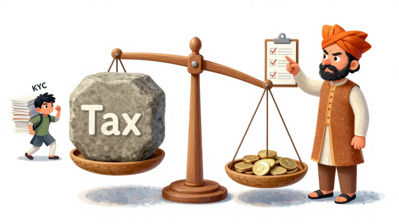 Balance scale showing heavy tax burden vs small crypto gains