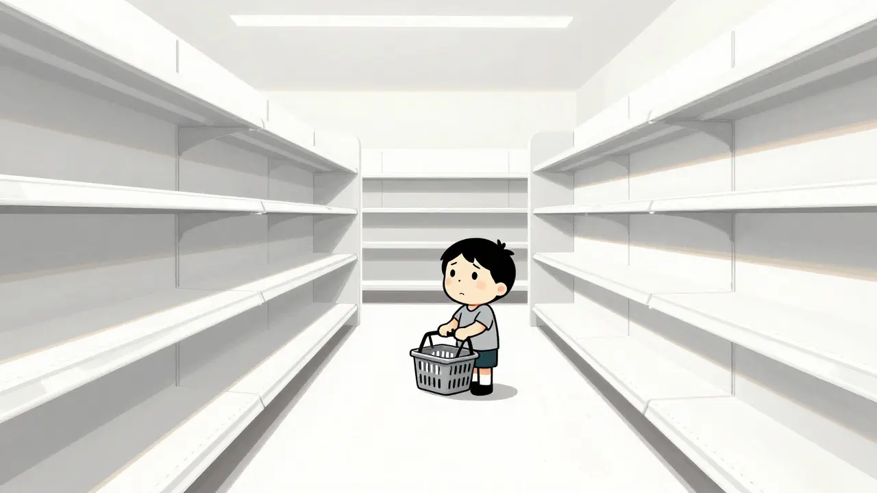 Cartoon character in empty grocery store aisles