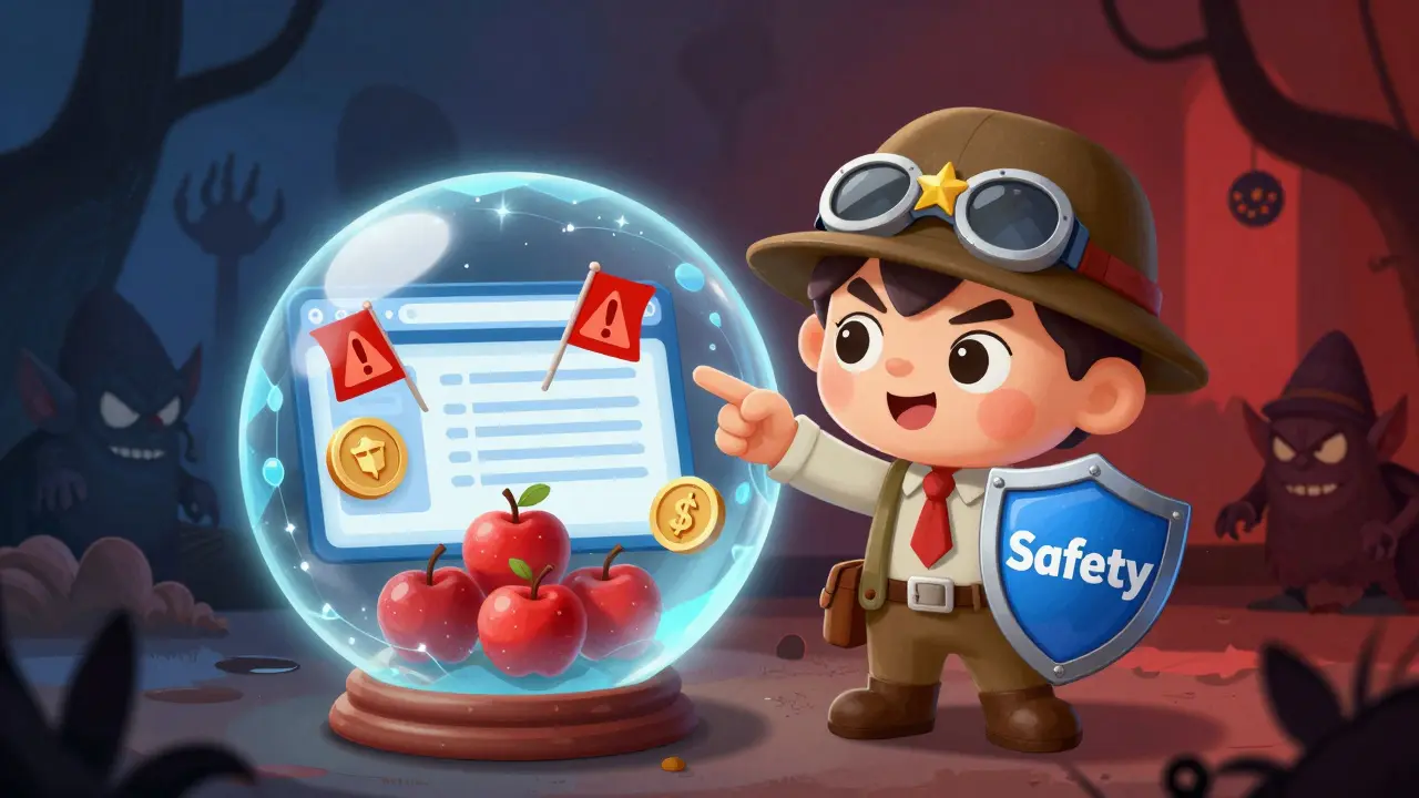 Cartoon detective spotting fake tokens and scams in a crystal ball