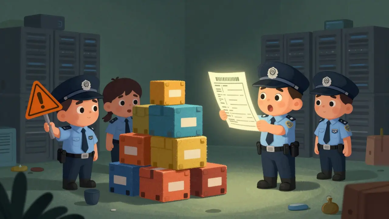 Cartoon inspectors confiscating toy-like mining rigs and holding electricity bills