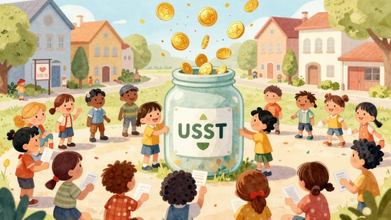 Cartoon scene of people voting with coins and receiving falling CORA token rewards.