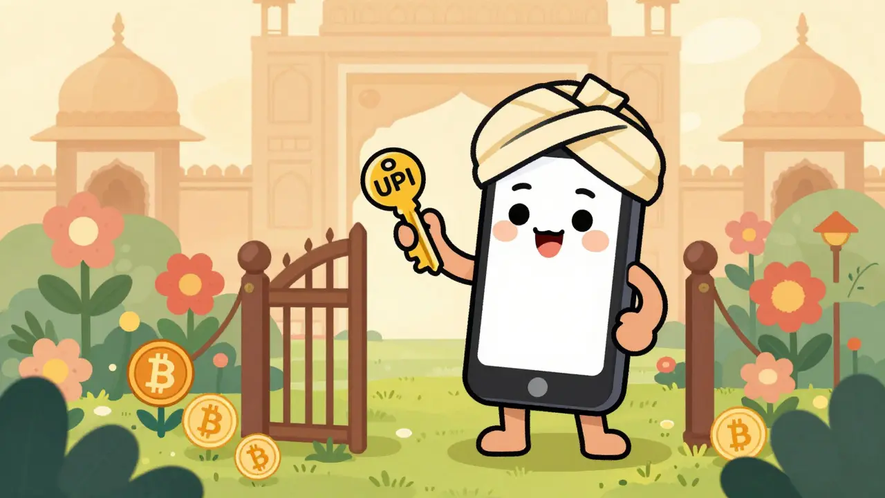Cartoon smartphone unlocking a digital garden with UPI key