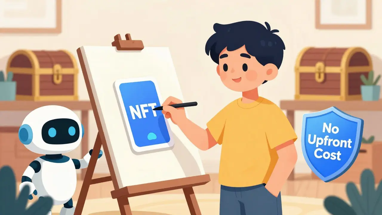 Child-friendly drawing of an artist creating NFTs safely without upfront fees.
