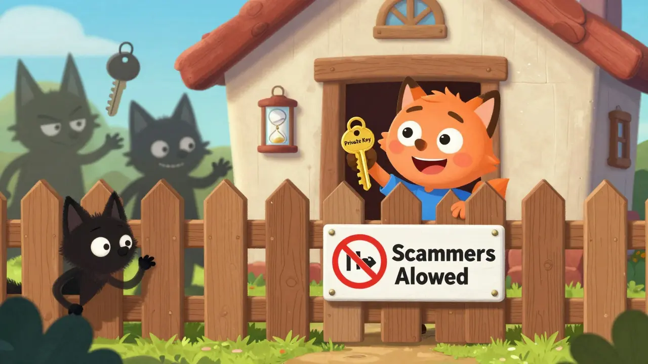 Child-like drawing of a user protecting their private key from scammer foxes