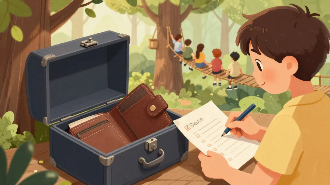 Child preparing secure wallet and joining a community treehouse
