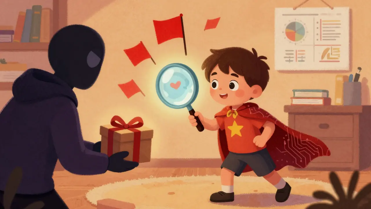Child superhero using magnifying glass to spot scam warning flags.