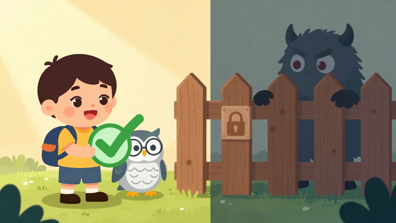 Child with a checkmark badge protected from a shadow monster by a secure fence.