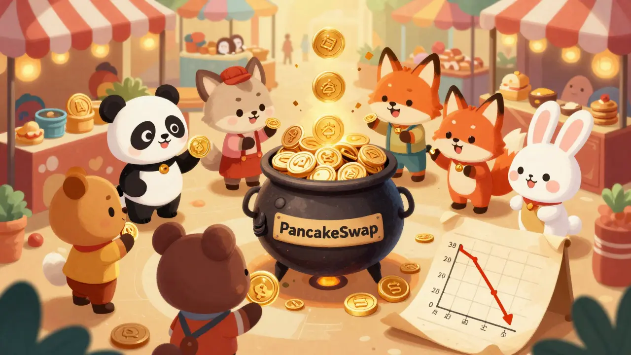 Cute animals trading tokens at a magical decentralized exchange cauldron