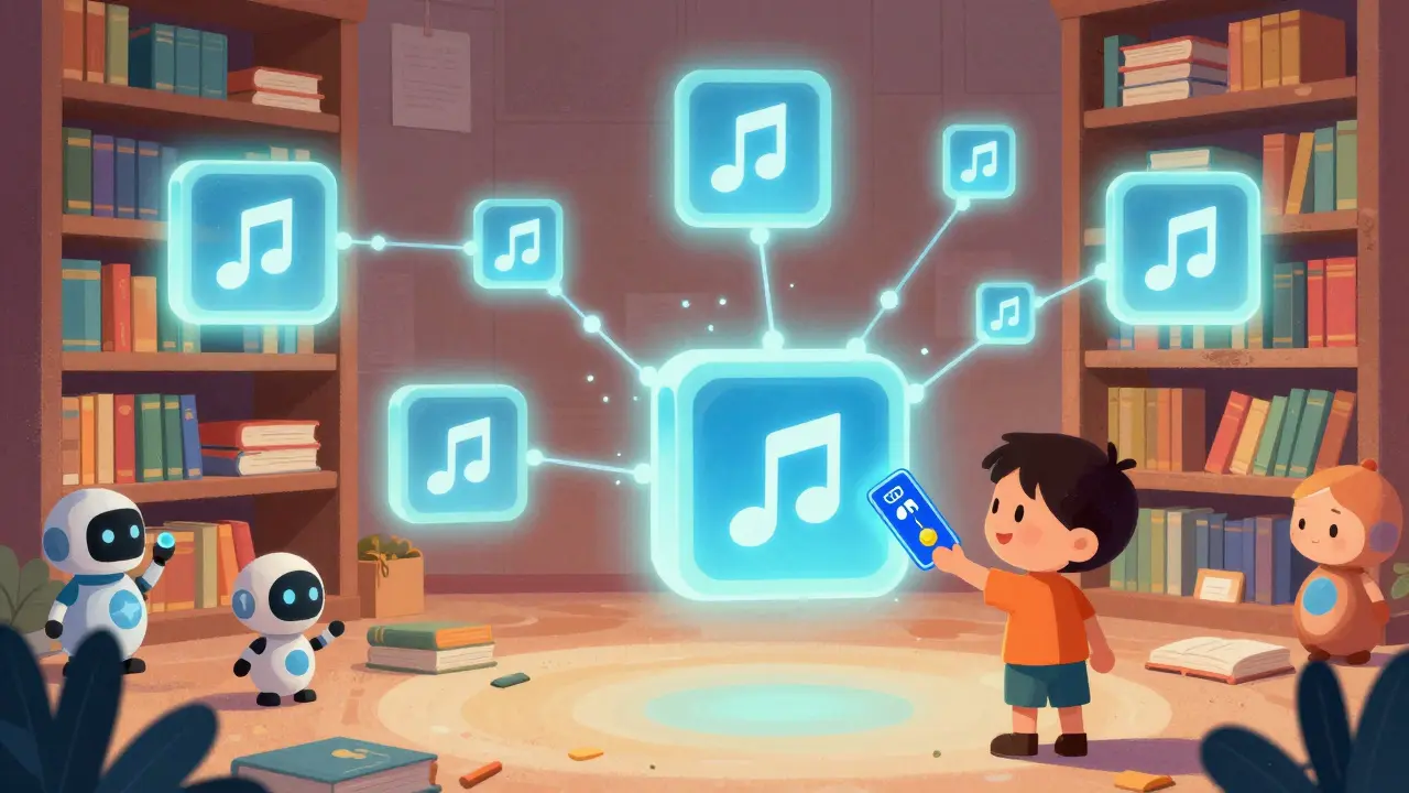 Cute illustration of blockchain as glowing blocks storing music notes securely