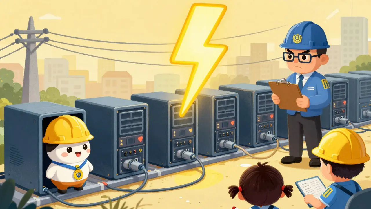 Cute servers mining cryptocurrency under strict government supervision in a cartoon style.