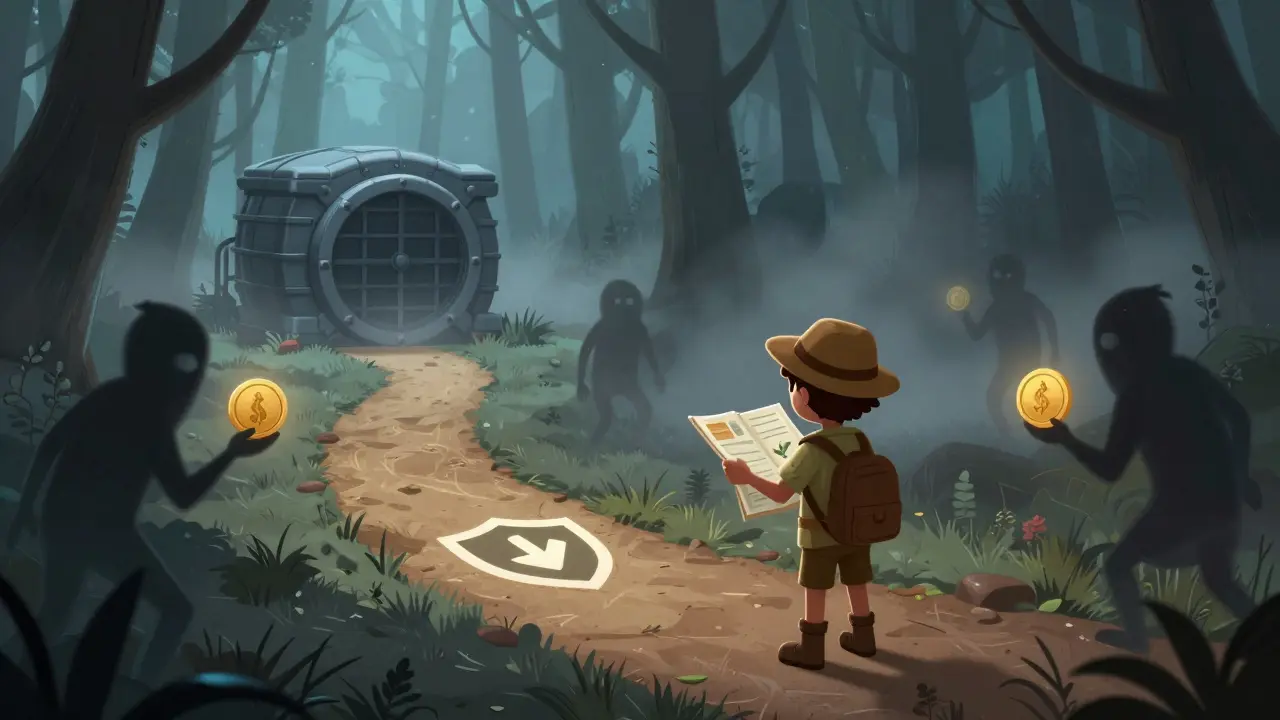 Explorer choosing safe path vs risky scams in crypto forest