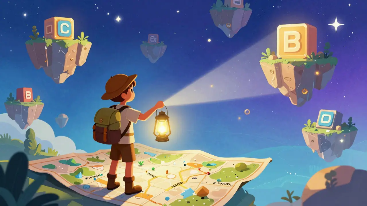 Explorer navigating a digital blockchain landscape with a lantern