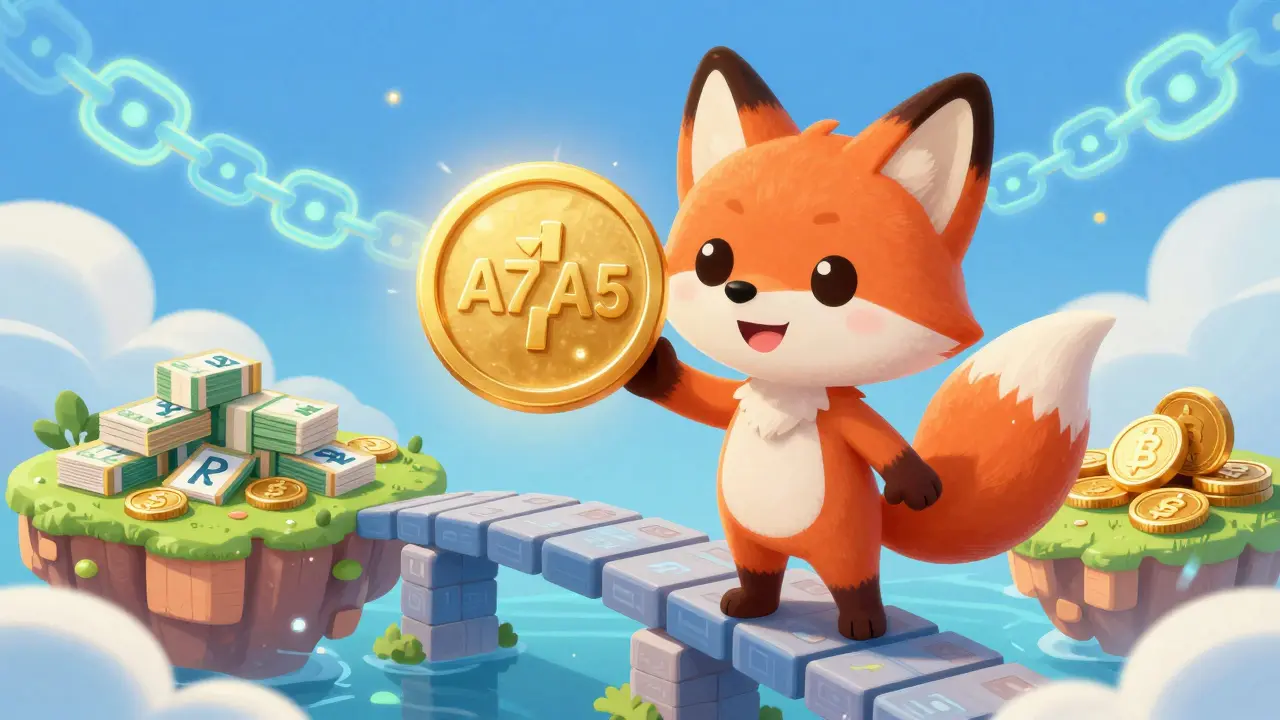 Fox character holding a special token on a digital bridge between currency islands.