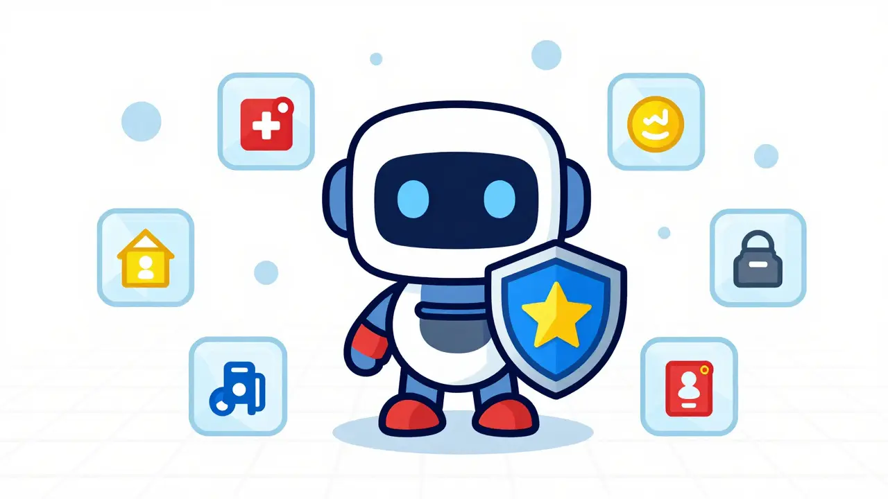 Friendly robot mascot surrounded by floating blockchain blocks in a colorful room.