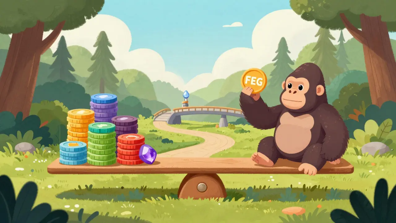 Gorilla balancing on a seesaw with asset-backed tokens in a forest