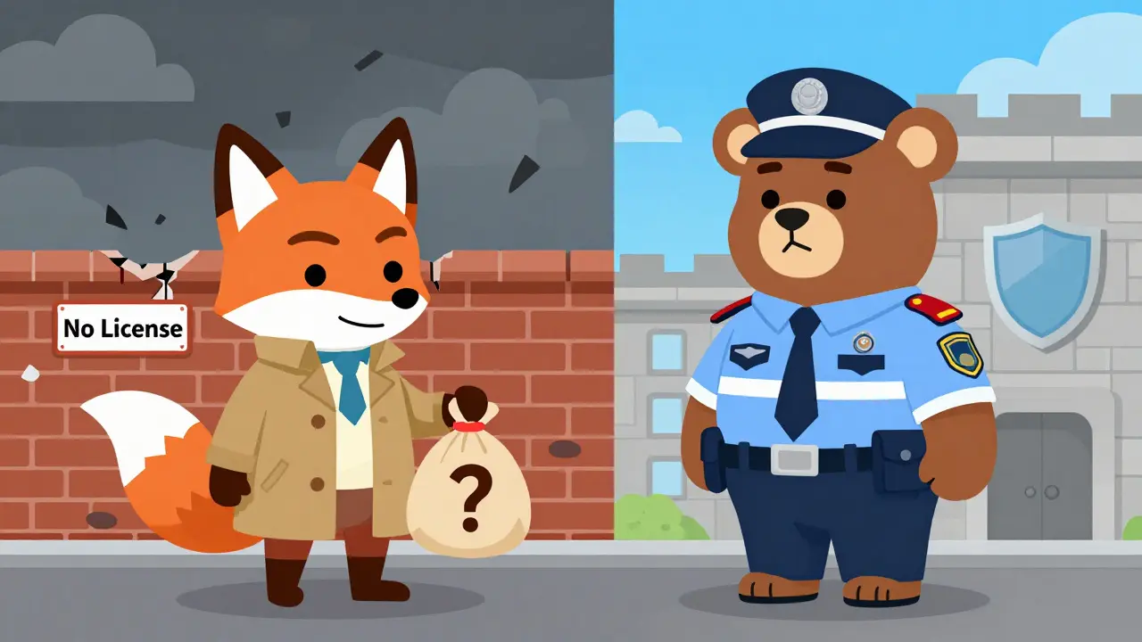 Illustration comparing a shady fox scammer to a secure bear guard.