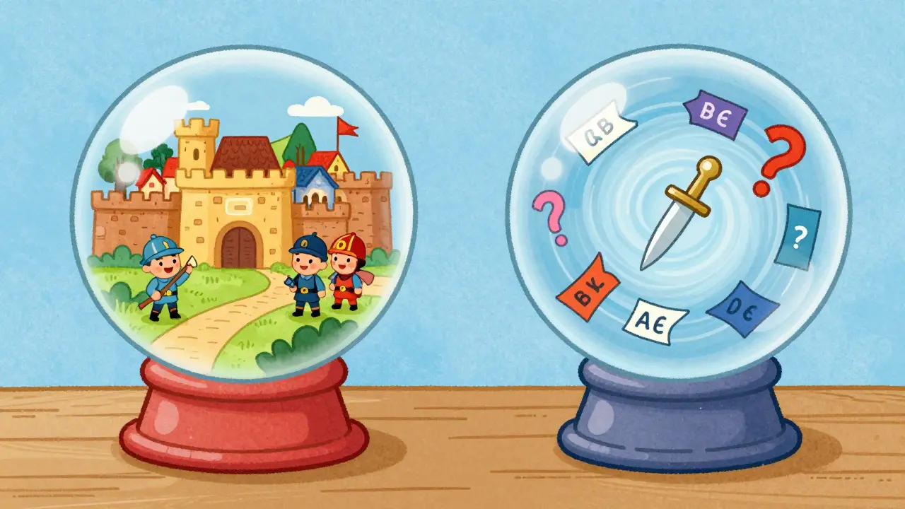 Illustration comparing a stable village in one crystal ball to a chaotic price vortex in another.