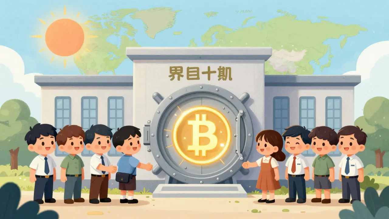 Illustration of a government vault with Bitcoin and friendly regulators