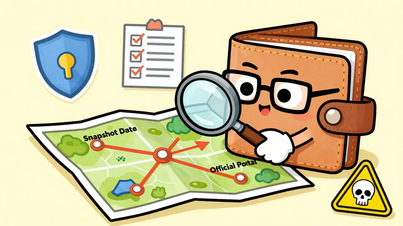 Illustration of a wallet character checking eligibility map with security tools