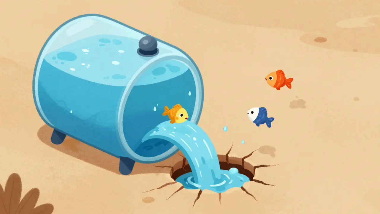 Illustration of a water tank draining with fish jumping out, symbolizing lost liquidity