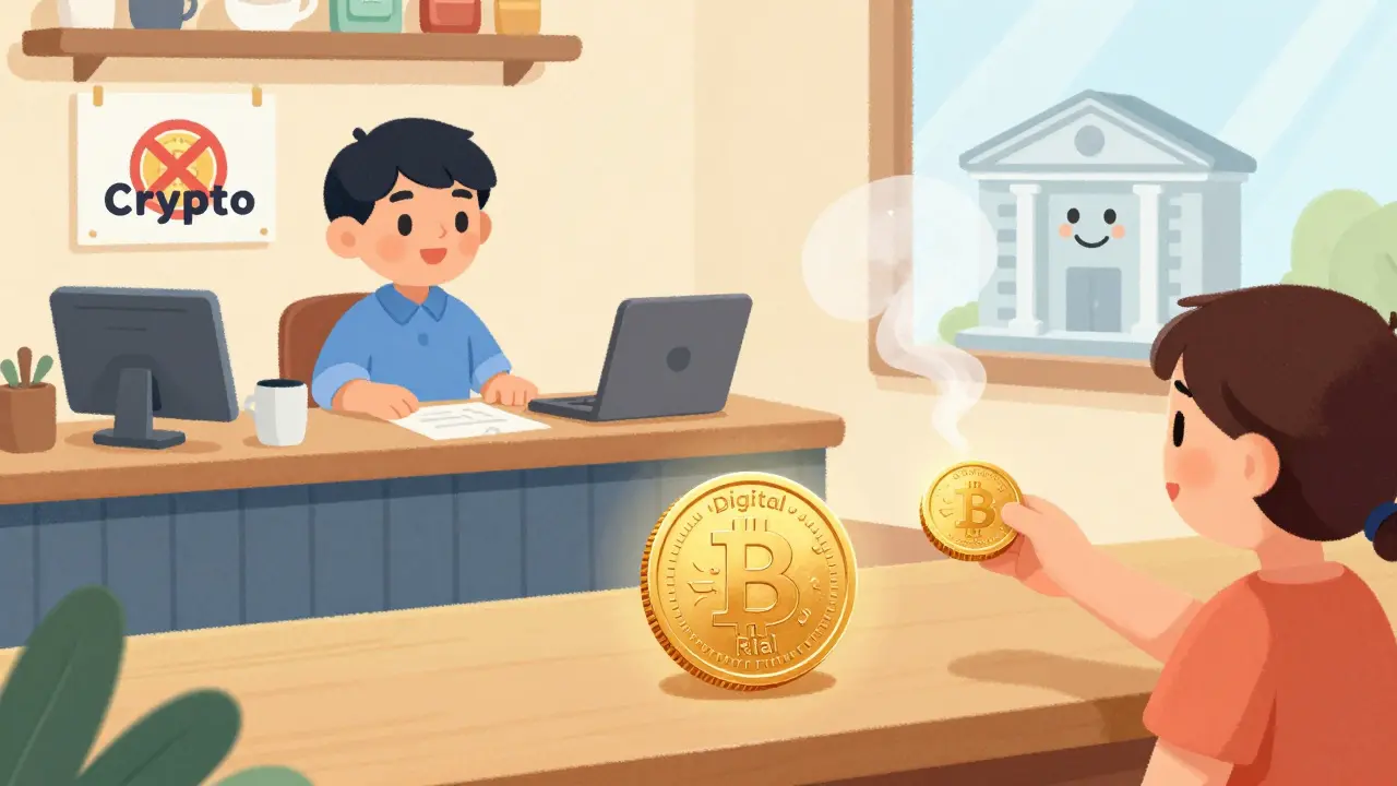 Illustration showing merchants rejecting crypto payments in favor of state digital currency.