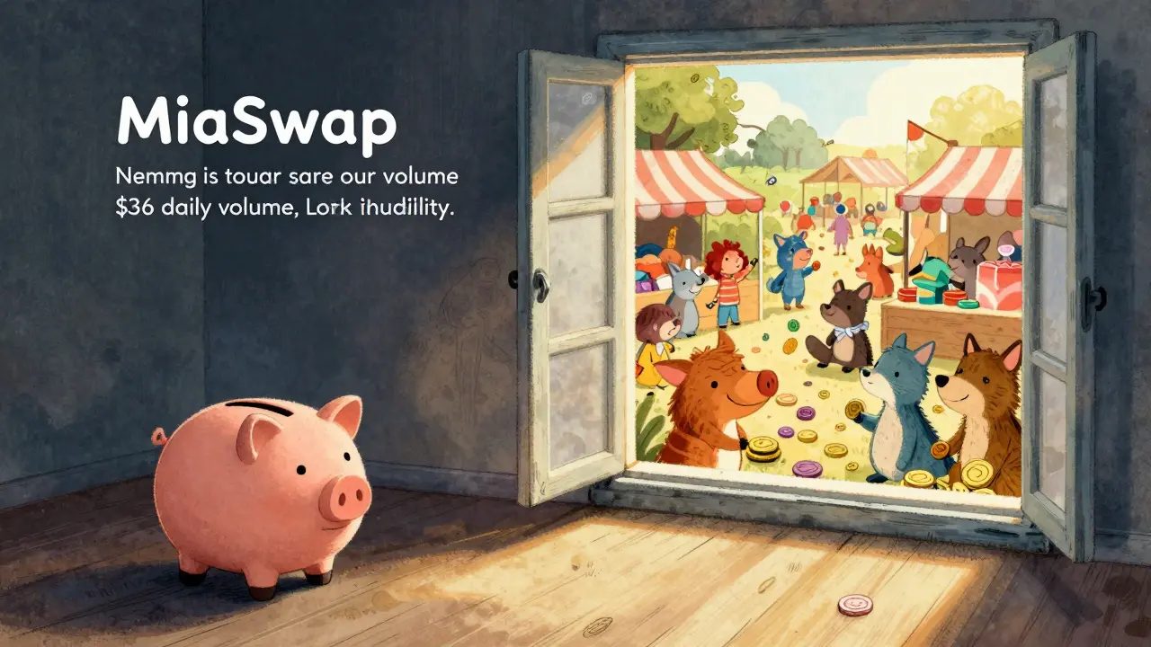 Sad piggy bank in dark room vs busy marketplace outside window illustrating low volume