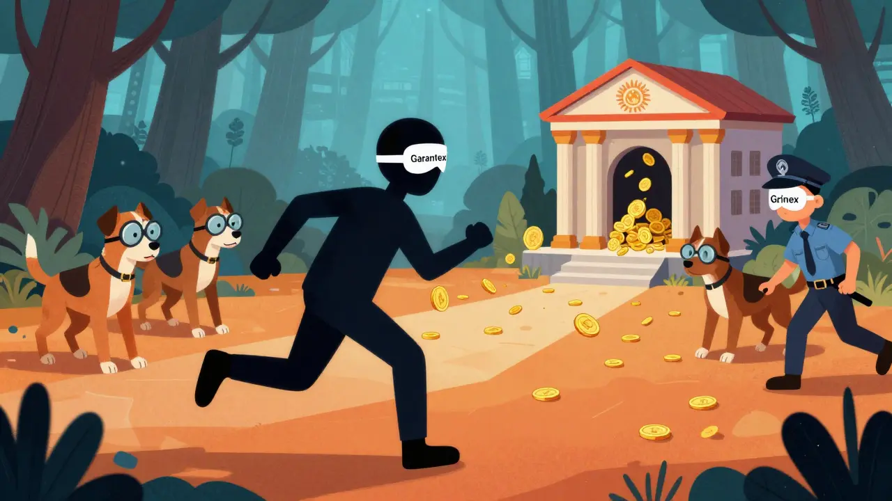 Shadow figure changing masks while regulators search, near a bank gateway in a digital forest.