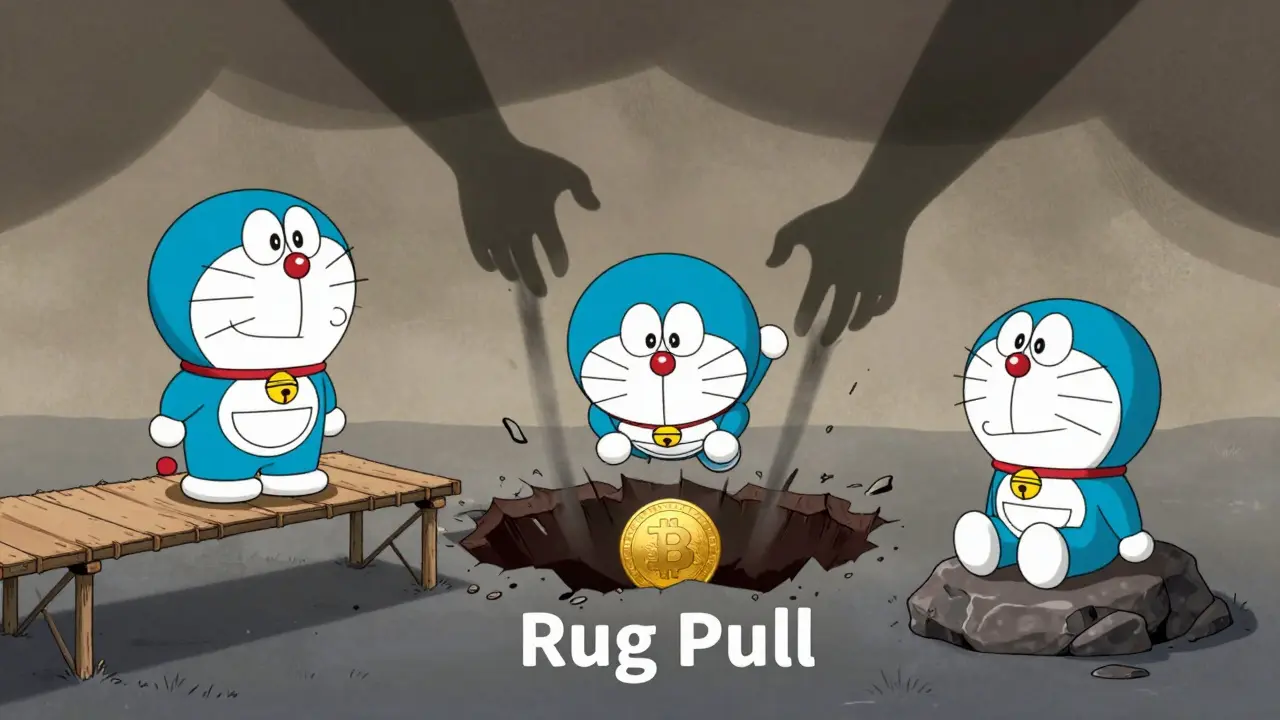 Three cartoon cats representing different risky crypto tokens and scams