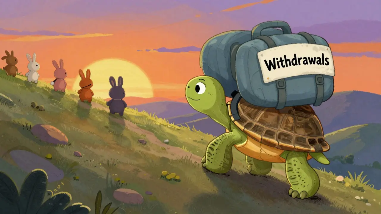 Turtle struggling with slow withdrawals on a steep hill