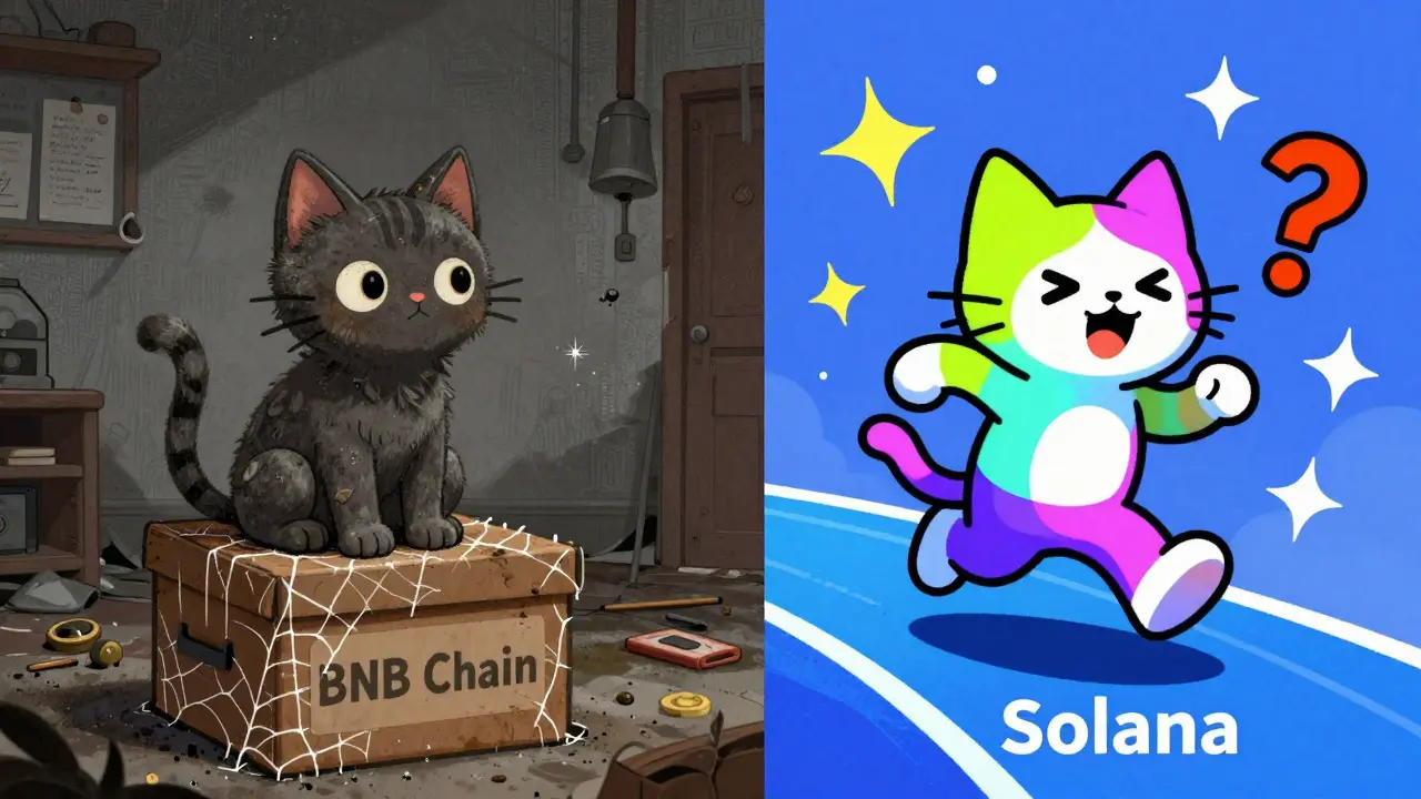 Two cartoon cats representing different crypto chains