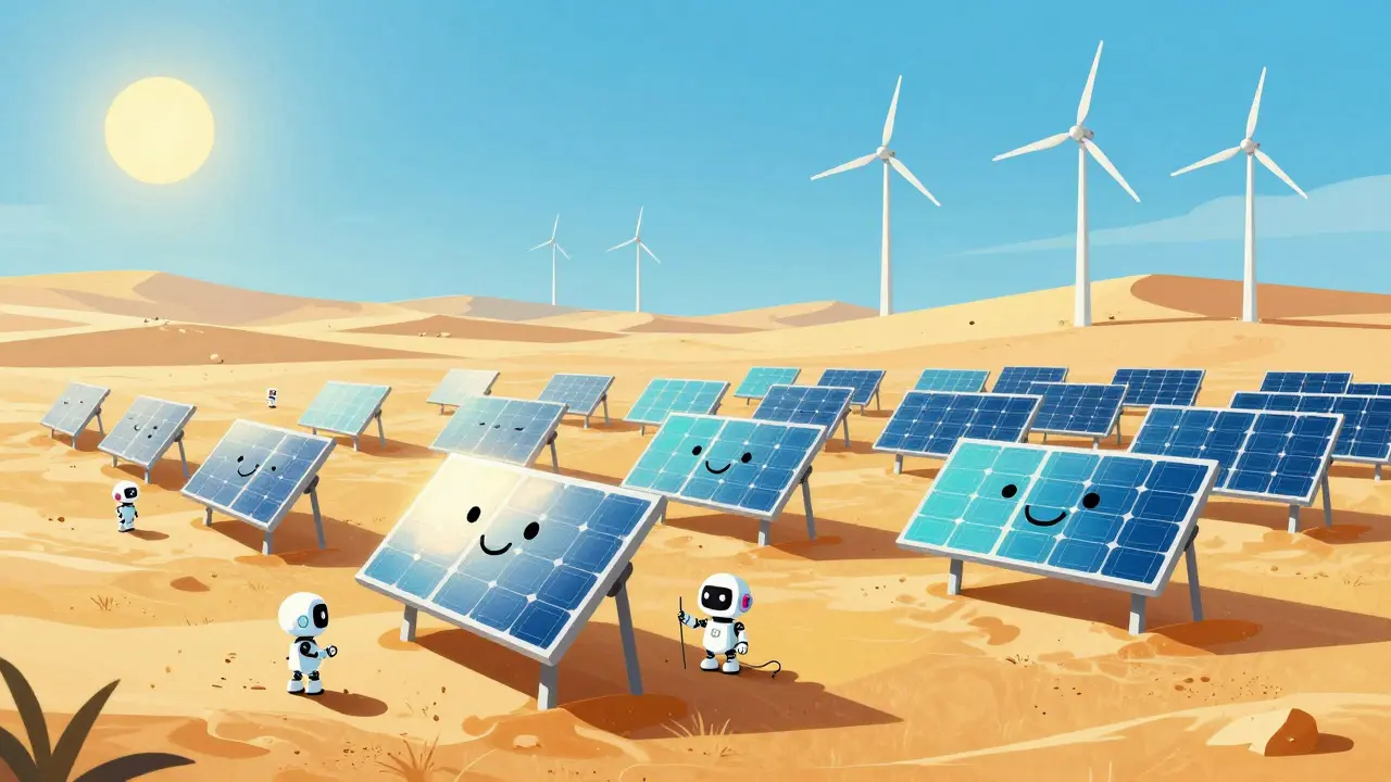 Whimsical drawing of solar panels and wind turbines in a sunny Algerian desert