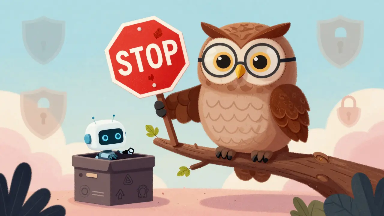 Wise owl holding a stop sign while a robot reaches toward an unsecured box in a children's book style.