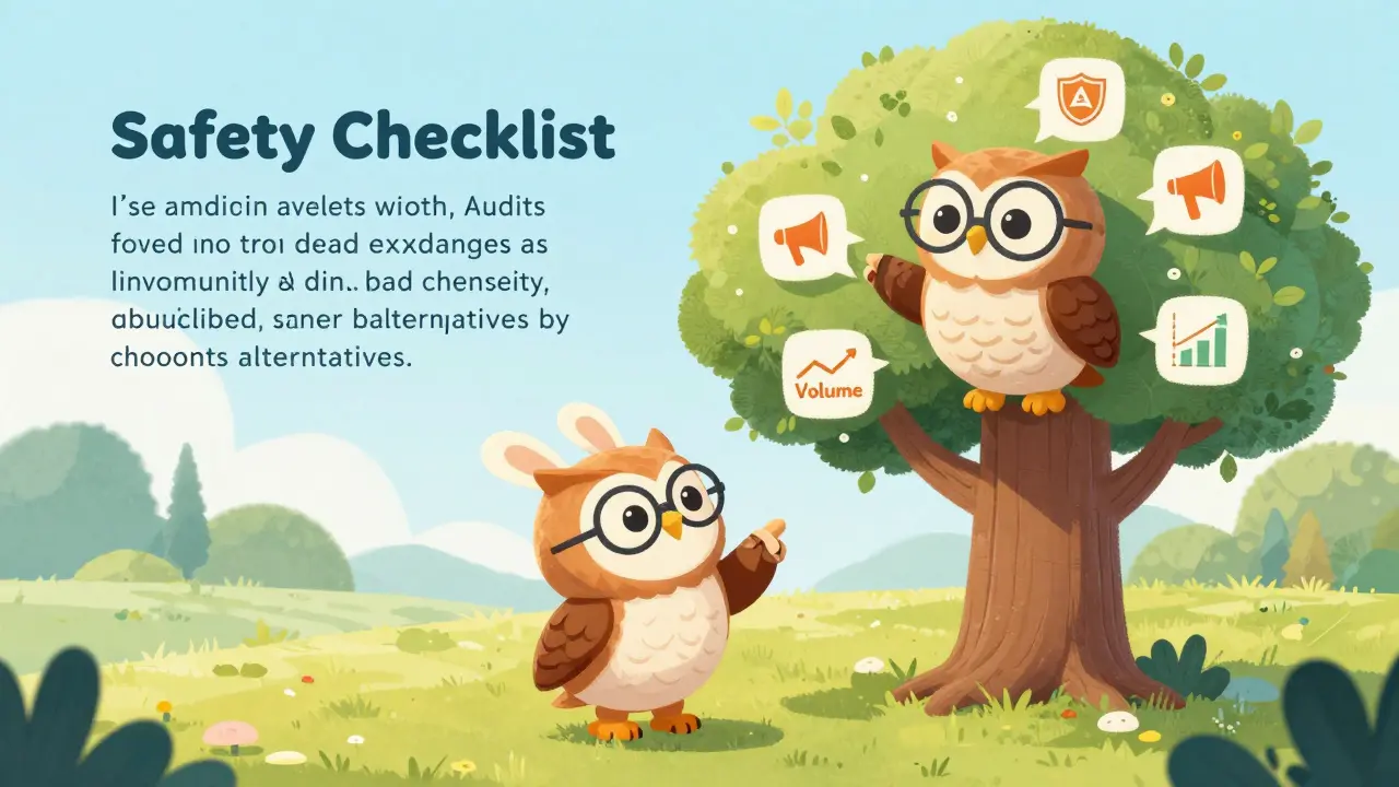 Wise owl teaching a rabbit about crypto safety using a checklist tree