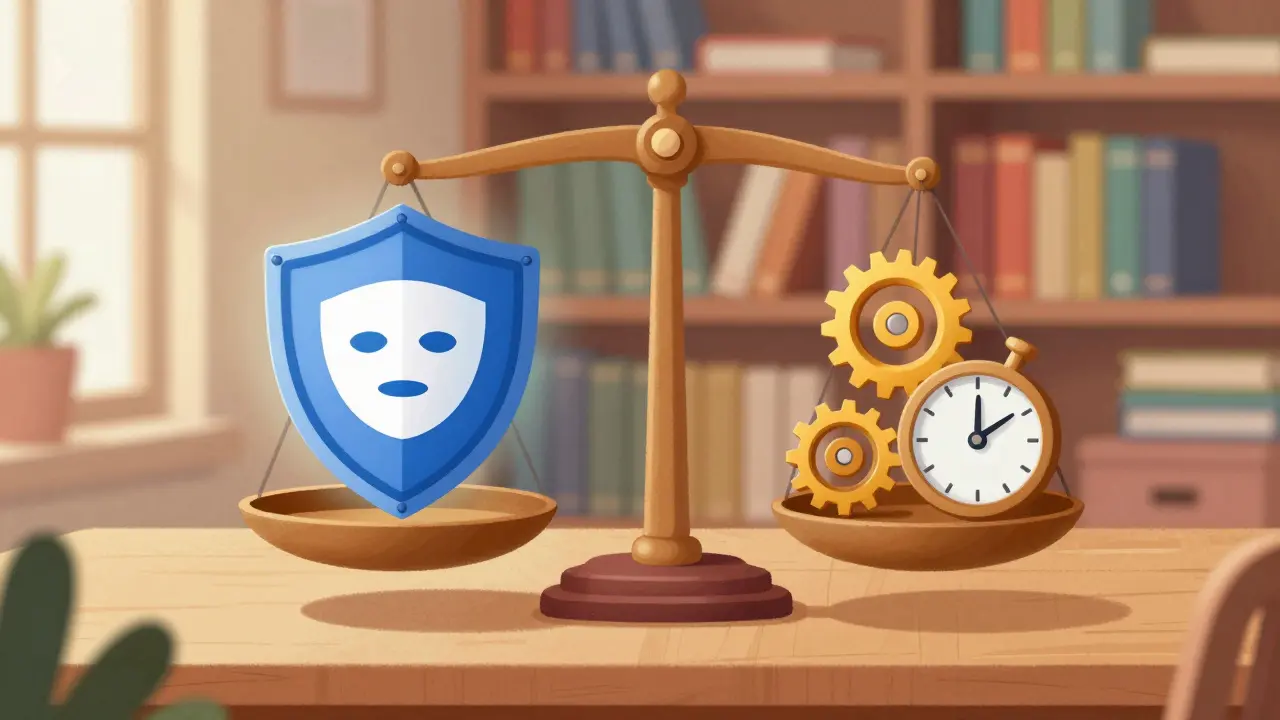 A balance scale weighing a privacy shield against heavy gears, illustrating crypto trade-offs.