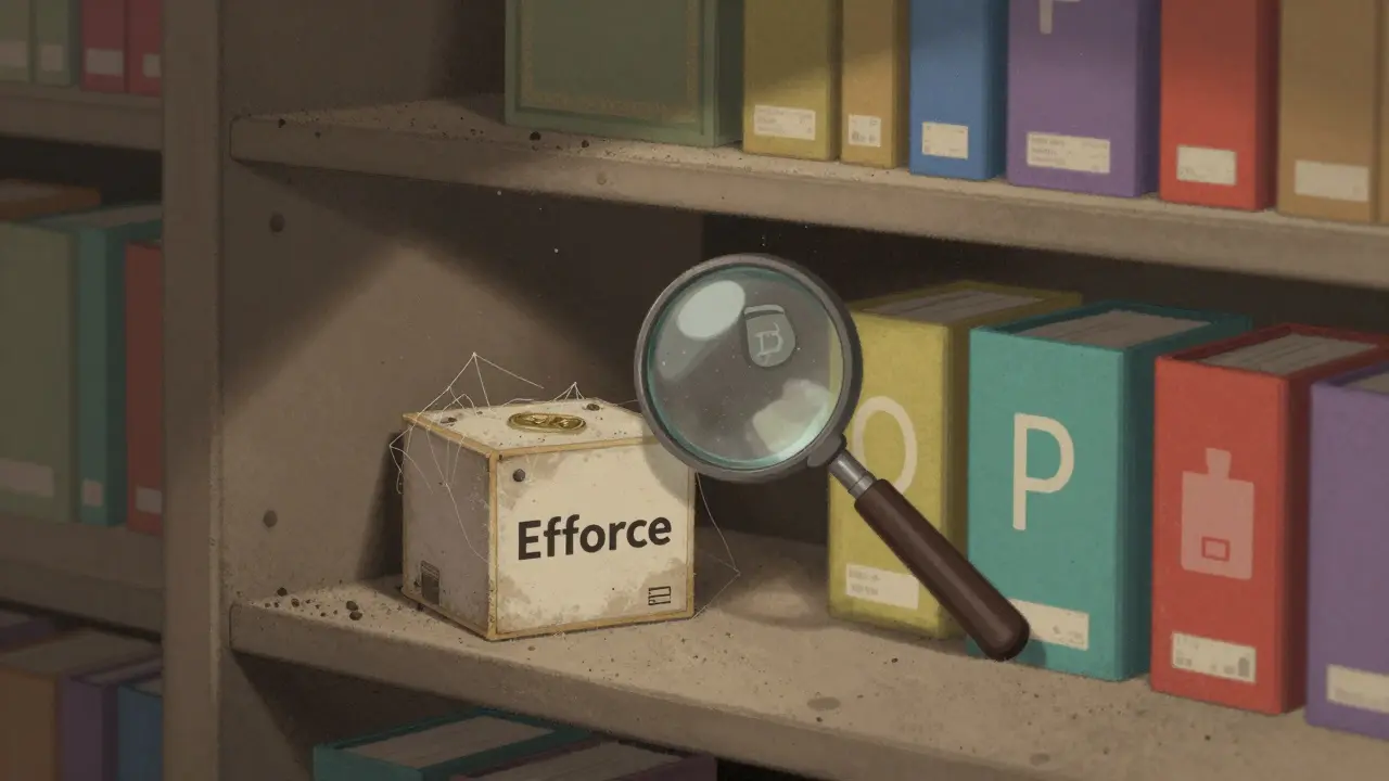 A dusty, forgotten Efforce box on a shelf among brighter, popular cryptocurrency items.