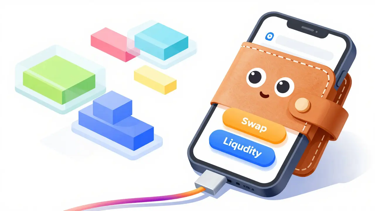 A friendly wallet connects to a phone showing simple swap icons.