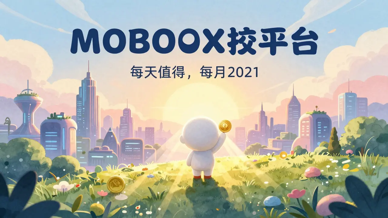 A lone MOMO character overlooking a thriving futuristic metaverse city at sunrise.