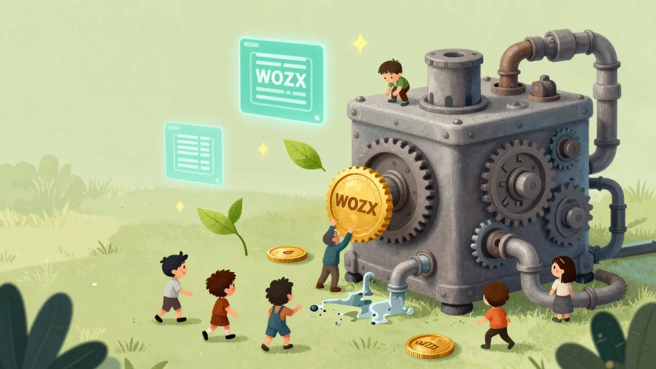 A whimsical machine processing crypto tokens into energy savings, looking slightly broken.