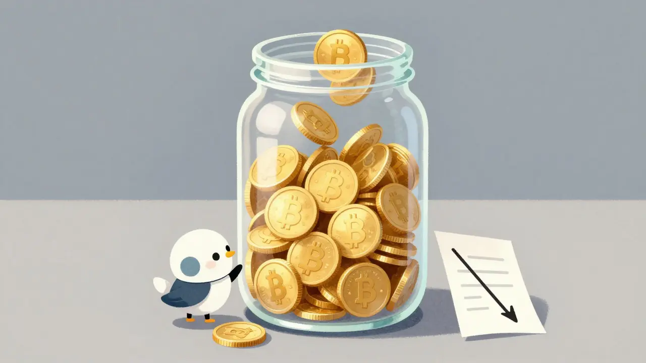 An illustration of a coin jar and a downward trend line, symbolizing FLM token supply and price decline.