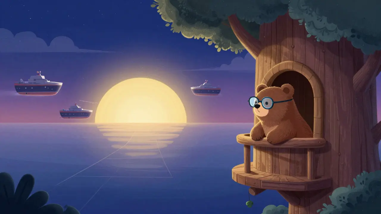 Bear in treehouse looking at distant ships on a hopeful horizon.