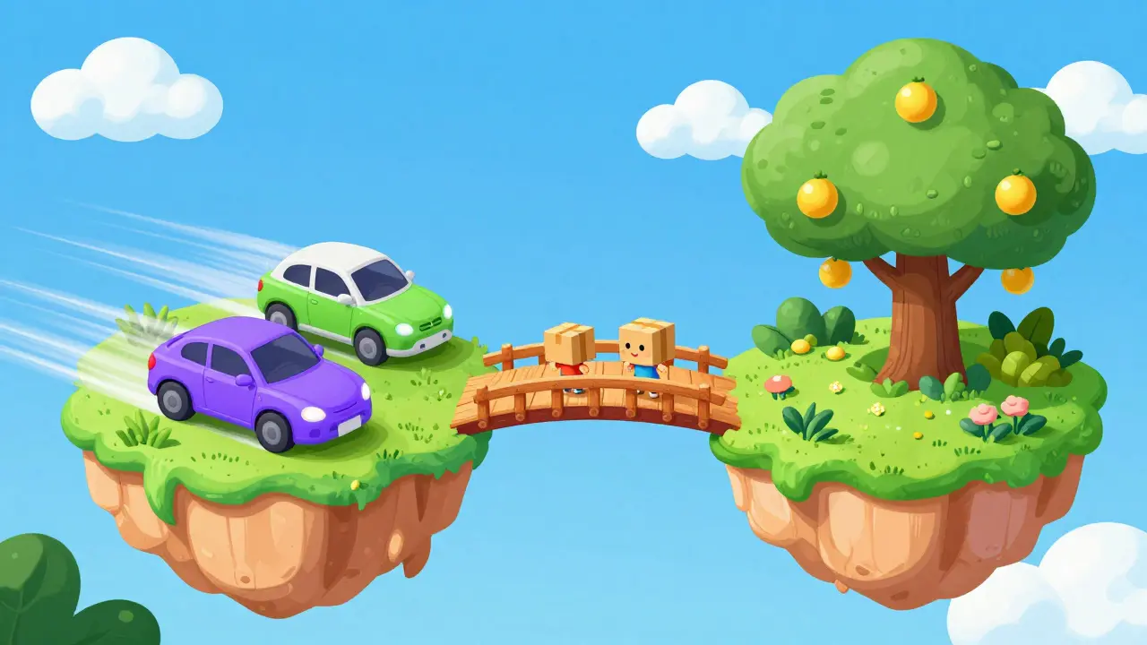 Cartoon bridge connecting a tech island to a garden island